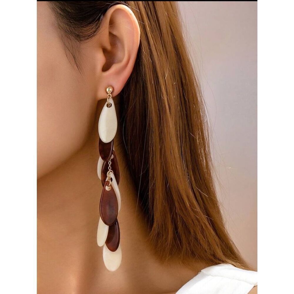 Gold Drop Earrings with Cream and Brown Shell Teardrops R 439